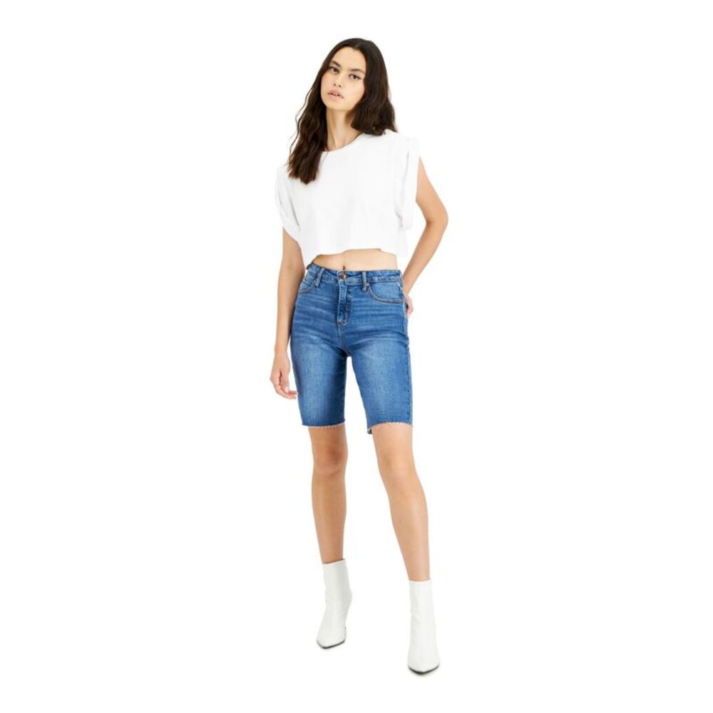 OAT Womens Blue Stretch Zippered High-rise Raw Hem Bermuda Shorts 26 Waist